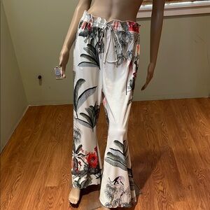 Boutique Tropical Jungle Print Beach Pants With Elastic Drawstring Waist Size L